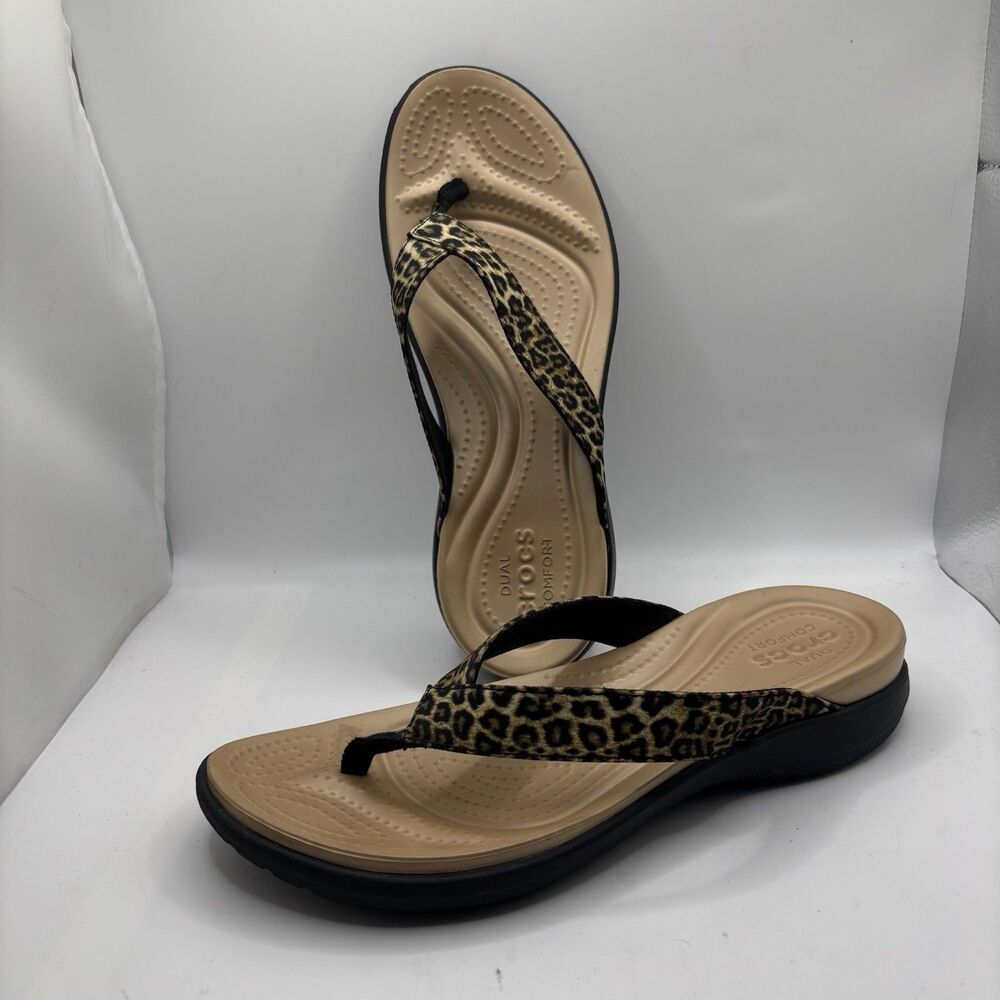 Crocs Capri Leopard Print Sandals Womens 8 Thong Summer Beach Preppy Business - Picture 3 of 7